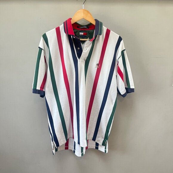 Vintage Men's Tommy Hilfiger Red and Green Striped Cotton Polo Shirt- Sz. L‎ - Picture 1 of 6